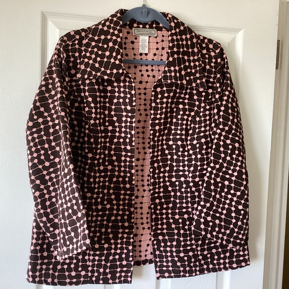 $30 George Simonton Jacket. Color: Dark Brown w/pink dots and lines. Large